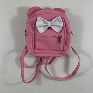 Pink Ear Backpack White Contrast Bow Small Faux Leather Bag Detachable Straps